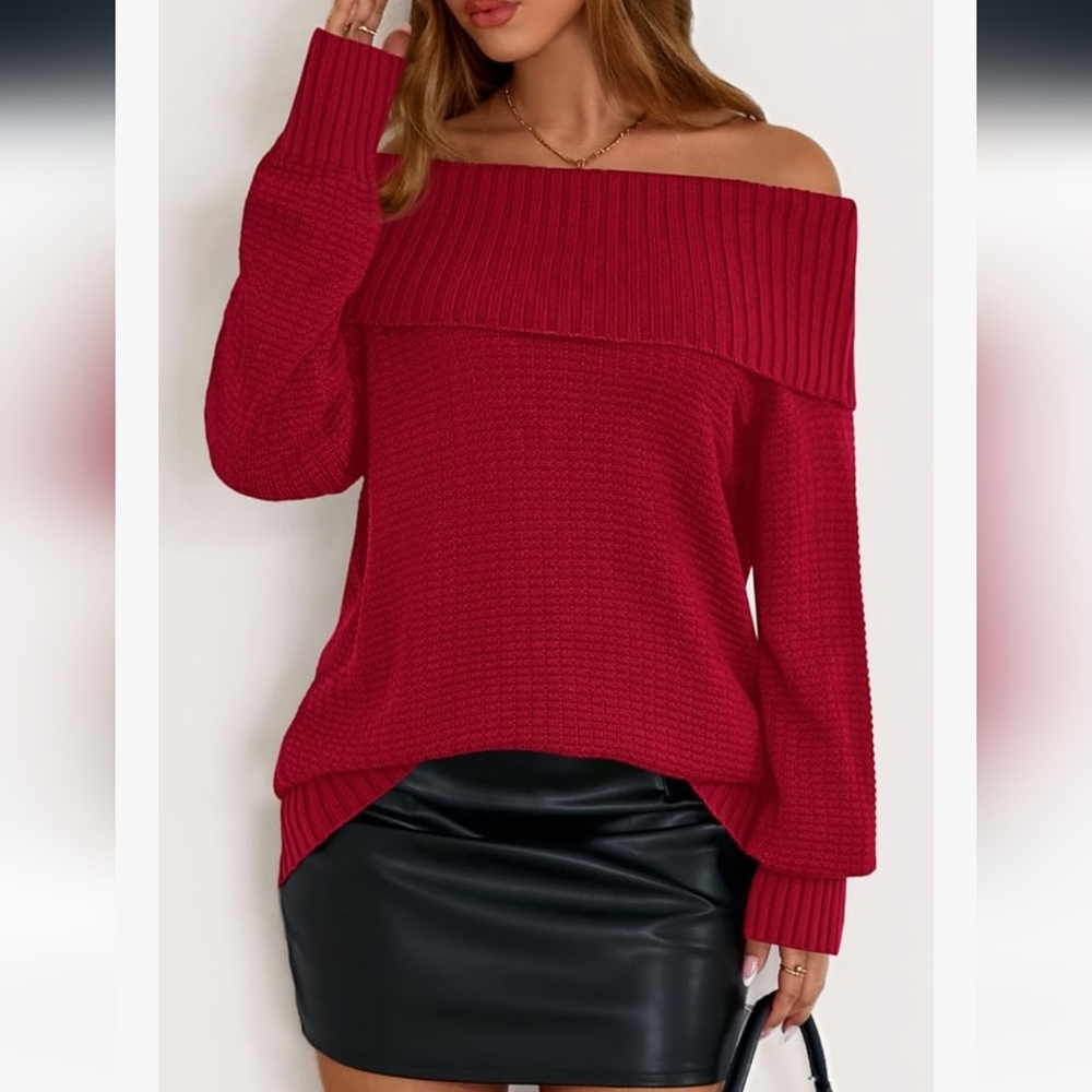 Super Cute Off The Shoulder Ribbed Details Loose Fit Sweater In Red, Size Large
